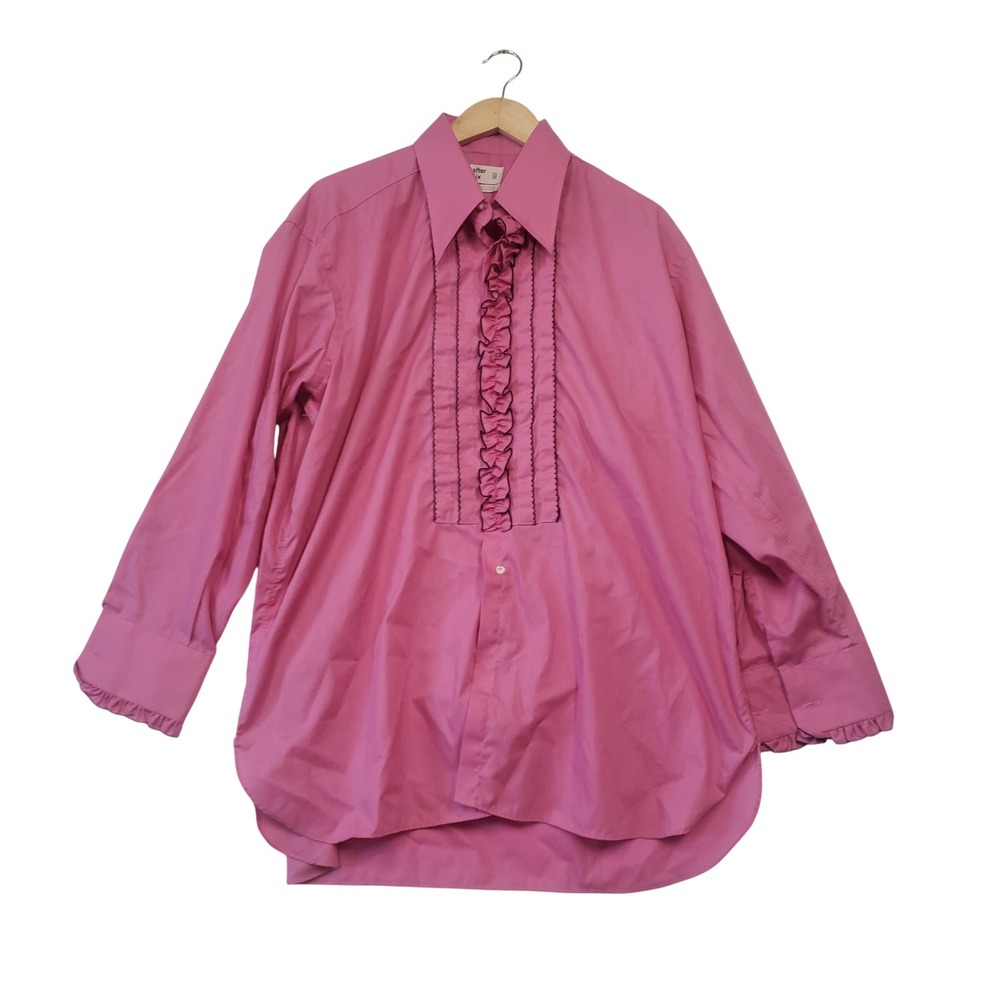 After Six Tuxedo Shirt 17.5 Pink Ruffle Front Vintage 70s Disco Prom Mens Glam